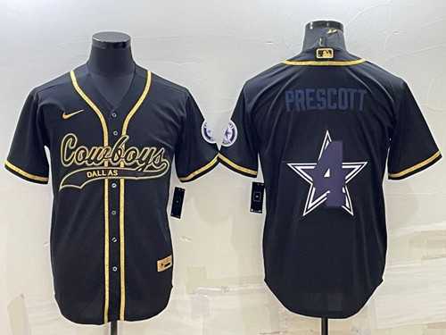 Mens Dallas Cowboys #4 Dak Prescott Black Gold Team Big Logo With Patch Cool Base Stitched Baseball Jersey